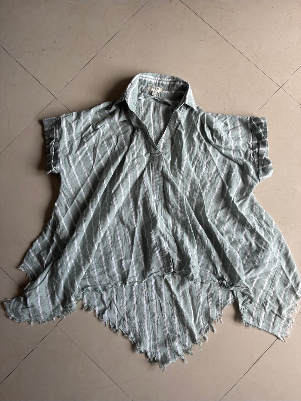 Umgee Linen Sage Green Striped Collared Poncho Tunic